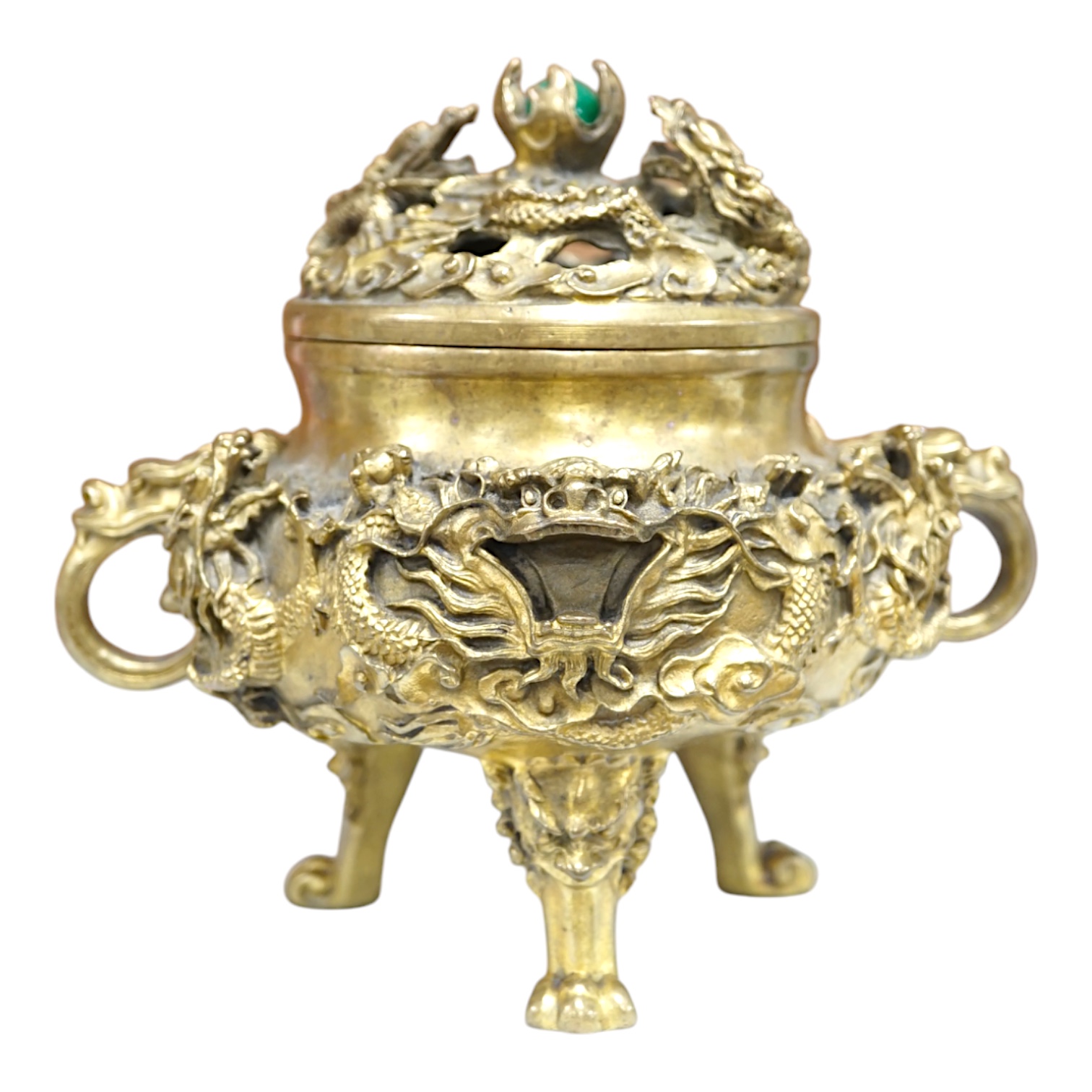 A Chinese bronze lidded censer, with jade bead insert in the finial, 15cm high. Condition - good.